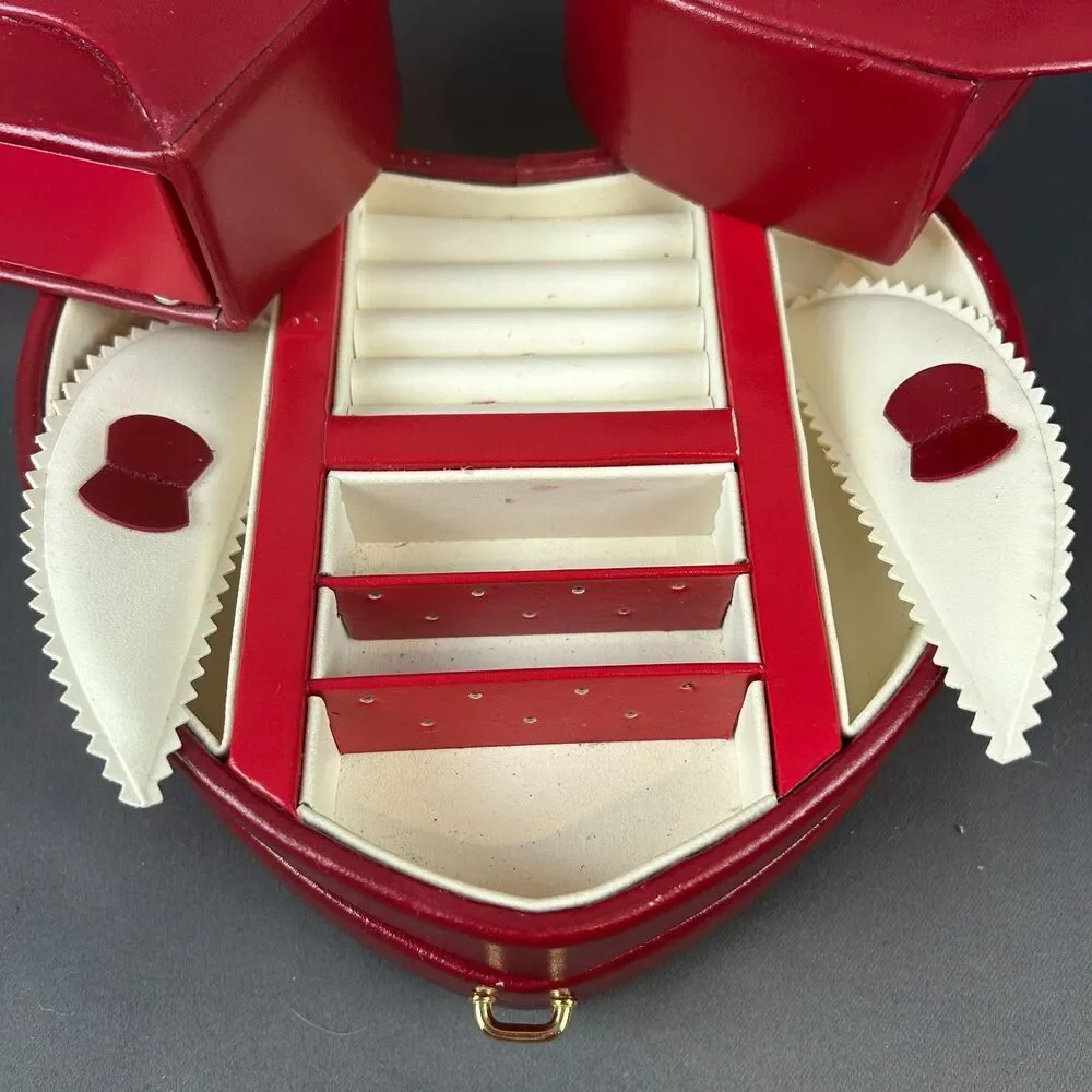 Vintage Wolf Designs Red Leather Heart Shape Jewelry Box Swing Out Design
